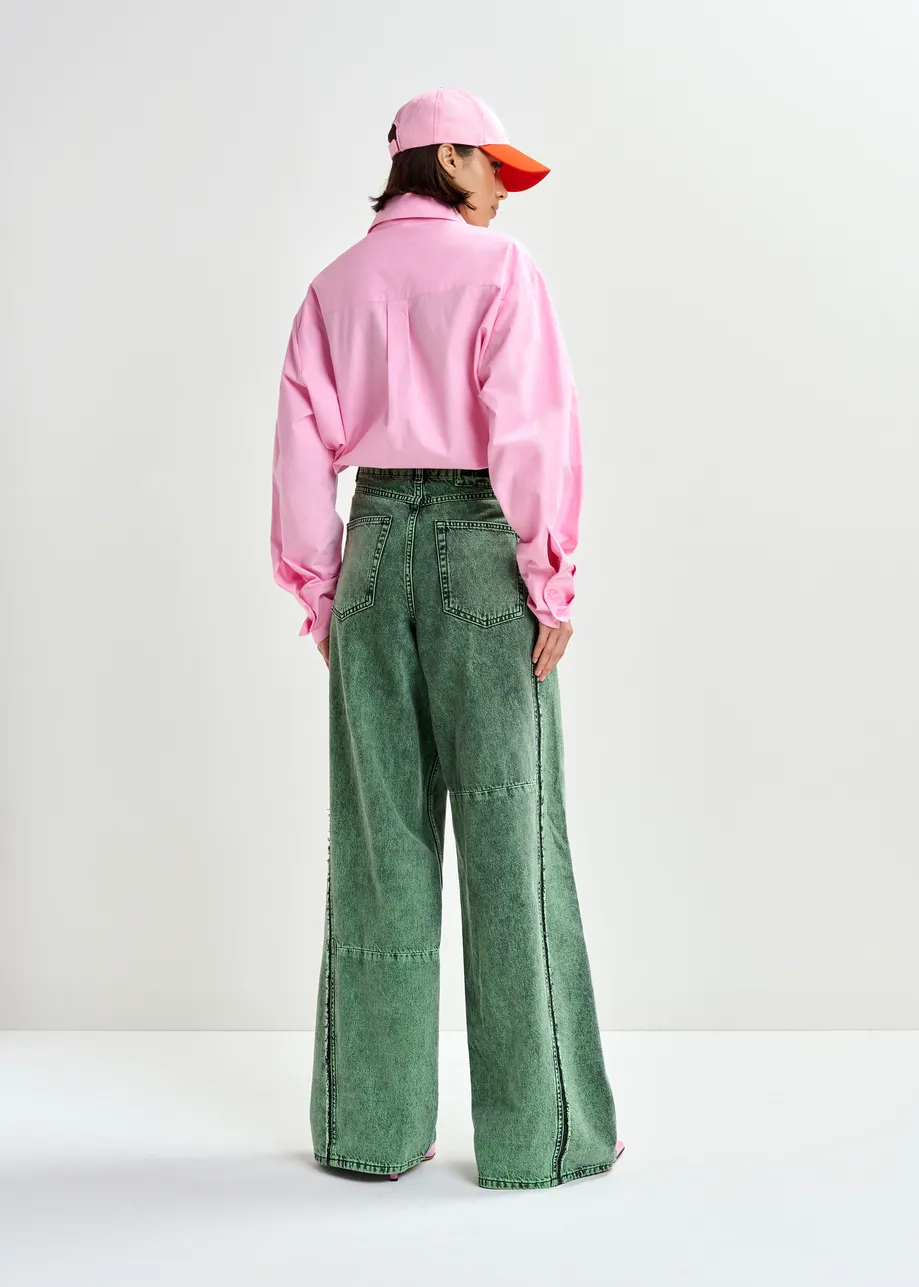 Groene overdyed wijde jeans met contraststukken