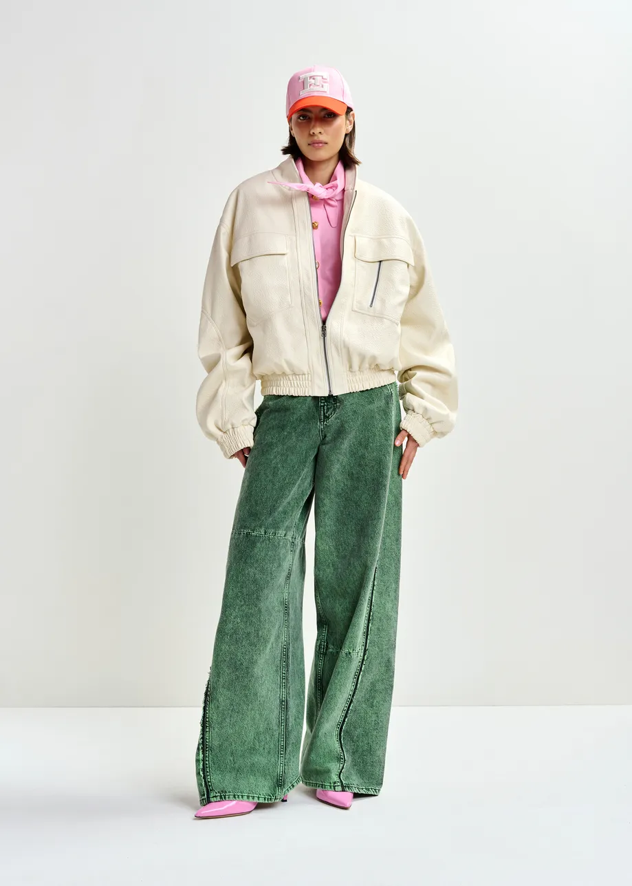 Groene overdyed wijde jeans met contraststukken