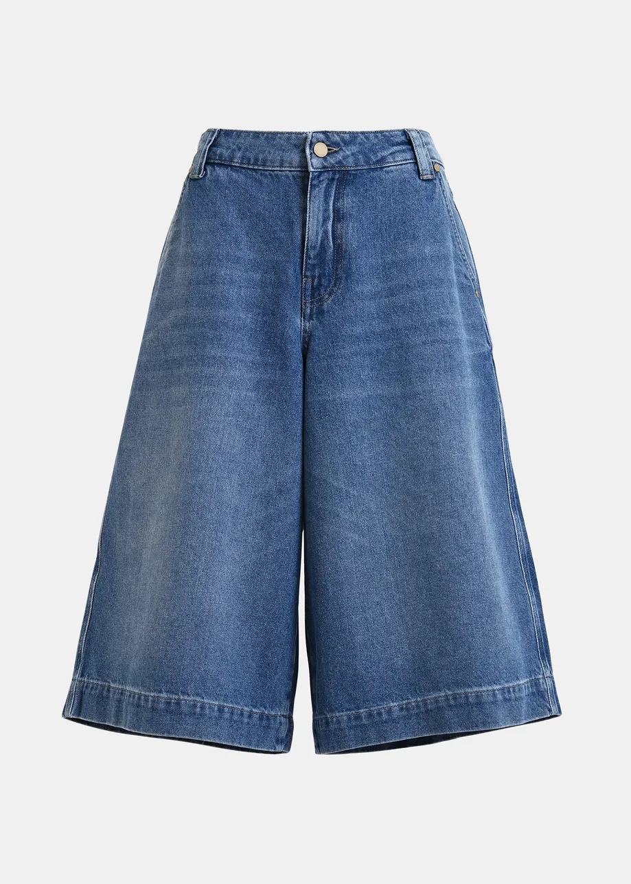 Blue cotton denim shorts with yellow Woodstock embroidery 