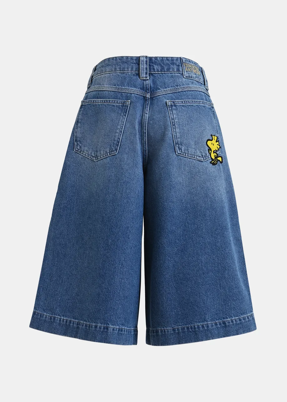 Blue cotton denim shorts with yellow Woodstock embroidery 