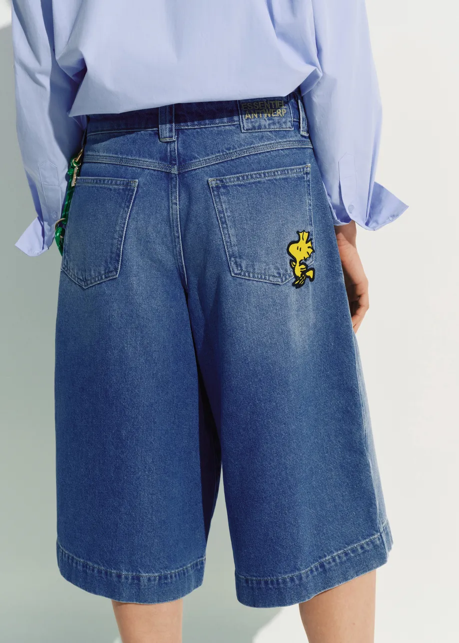 Blue cotton denim shorts with yellow Woodstock embroidery 