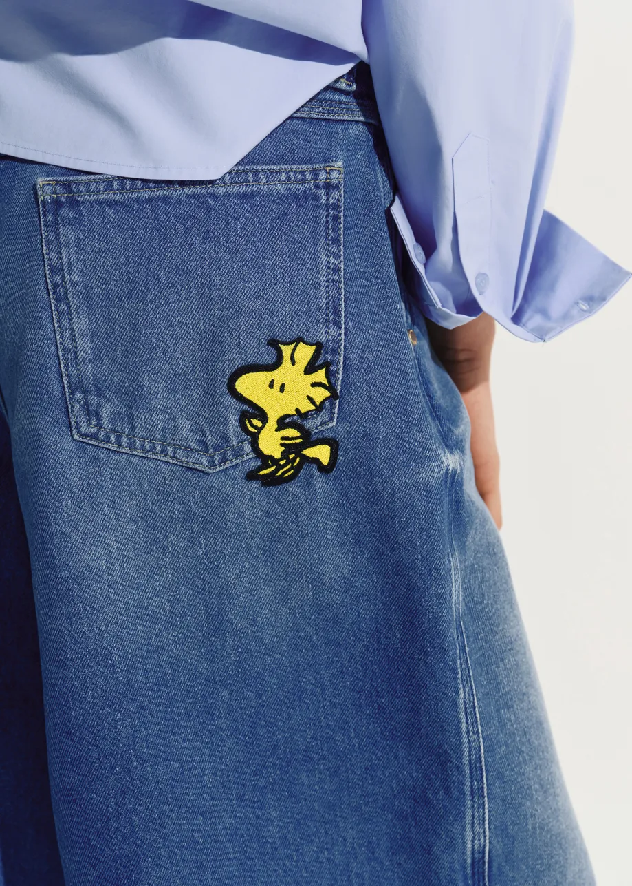 Blue cotton denim shorts with yellow Woodstock embroidery 