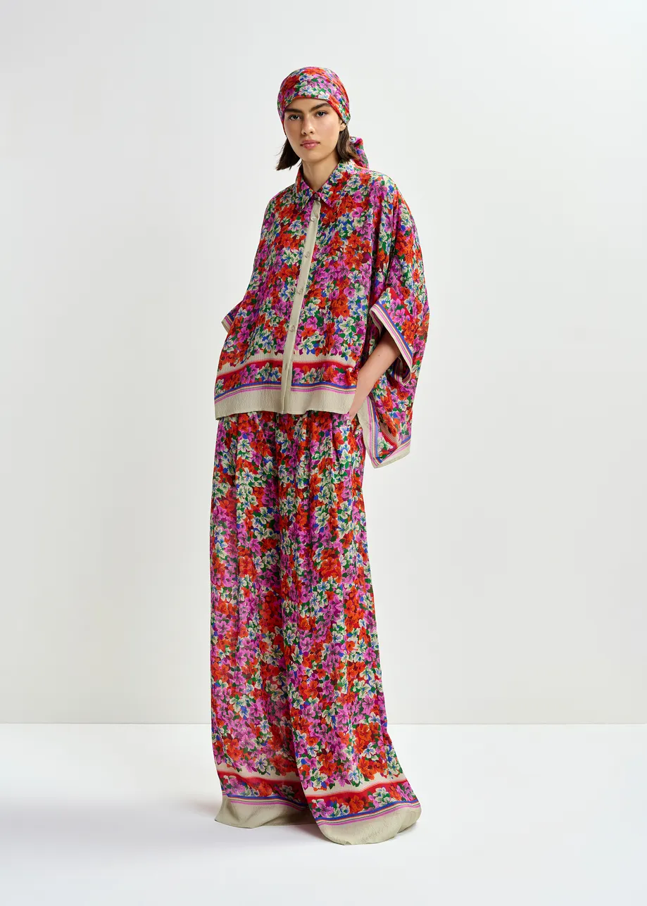 Purple, red and multicolor oversized silk-blend floral-print shirt