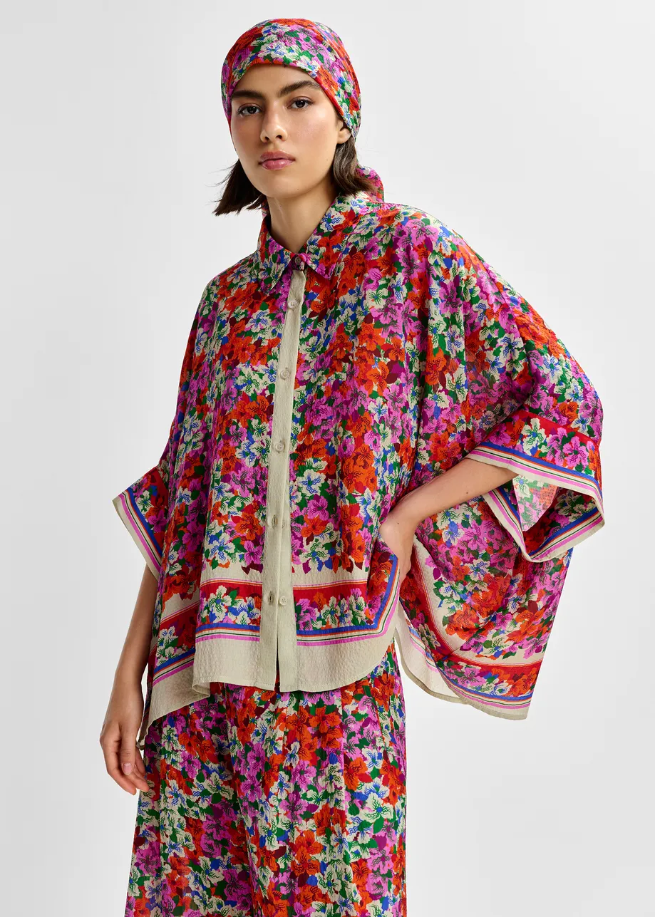 Camisa oversize en mezcla de seda con estampado floral, morado, rojo y multicolor