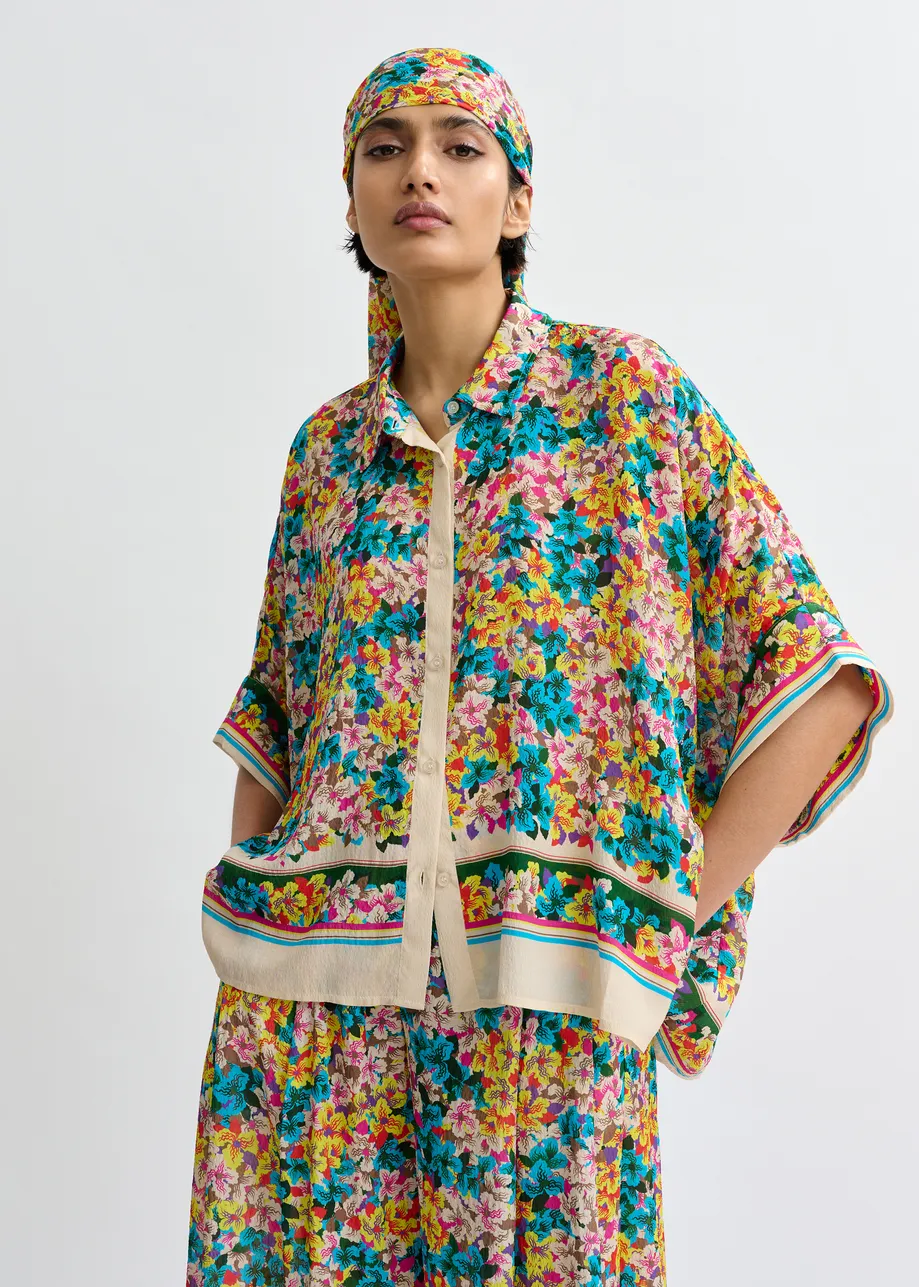 Yellow, blue and multicolor oversized silk-blend floral-print shirt