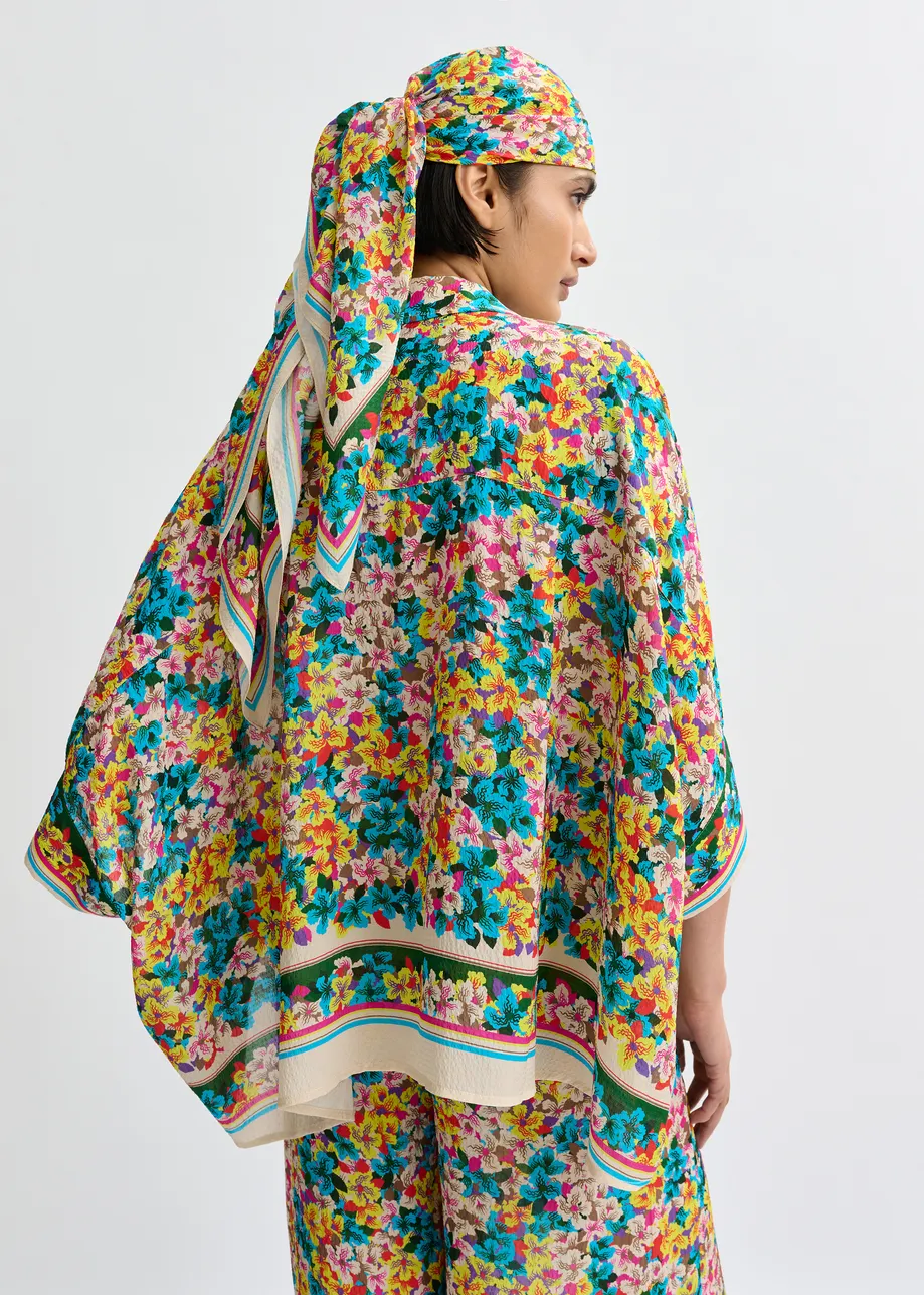 Yellow, blue and multicolor oversized silk-blend floral-print shirt