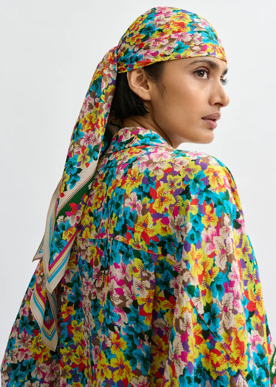 Yellow, blue and multicolor oversized silk-blend floral-print shirt