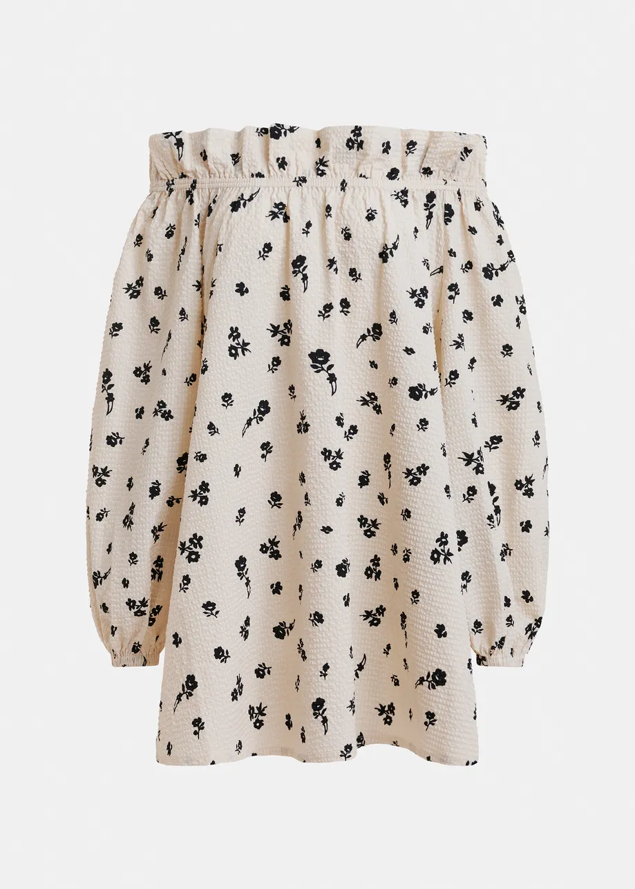 Minivestido con hombros descubiertos y estampado floral, blanco roto y negro