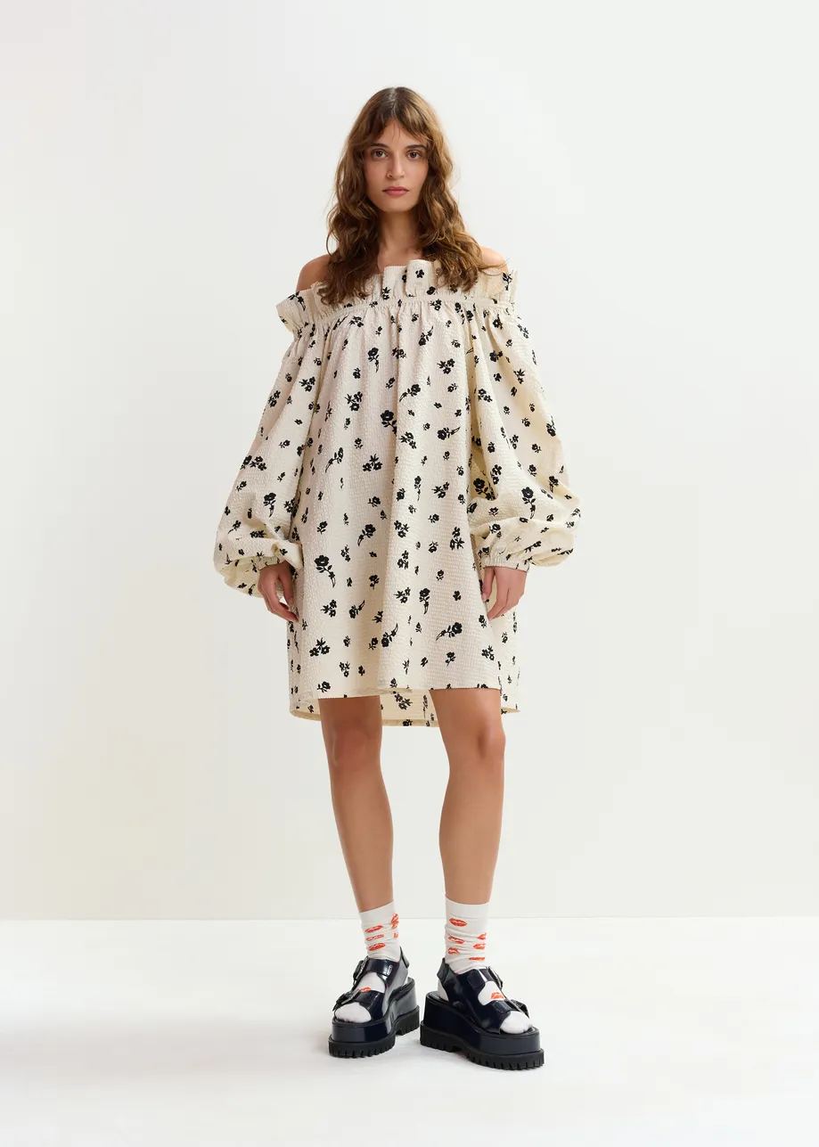 Minivestido con hombros descubiertos y estampado floral, blanco roto y negro