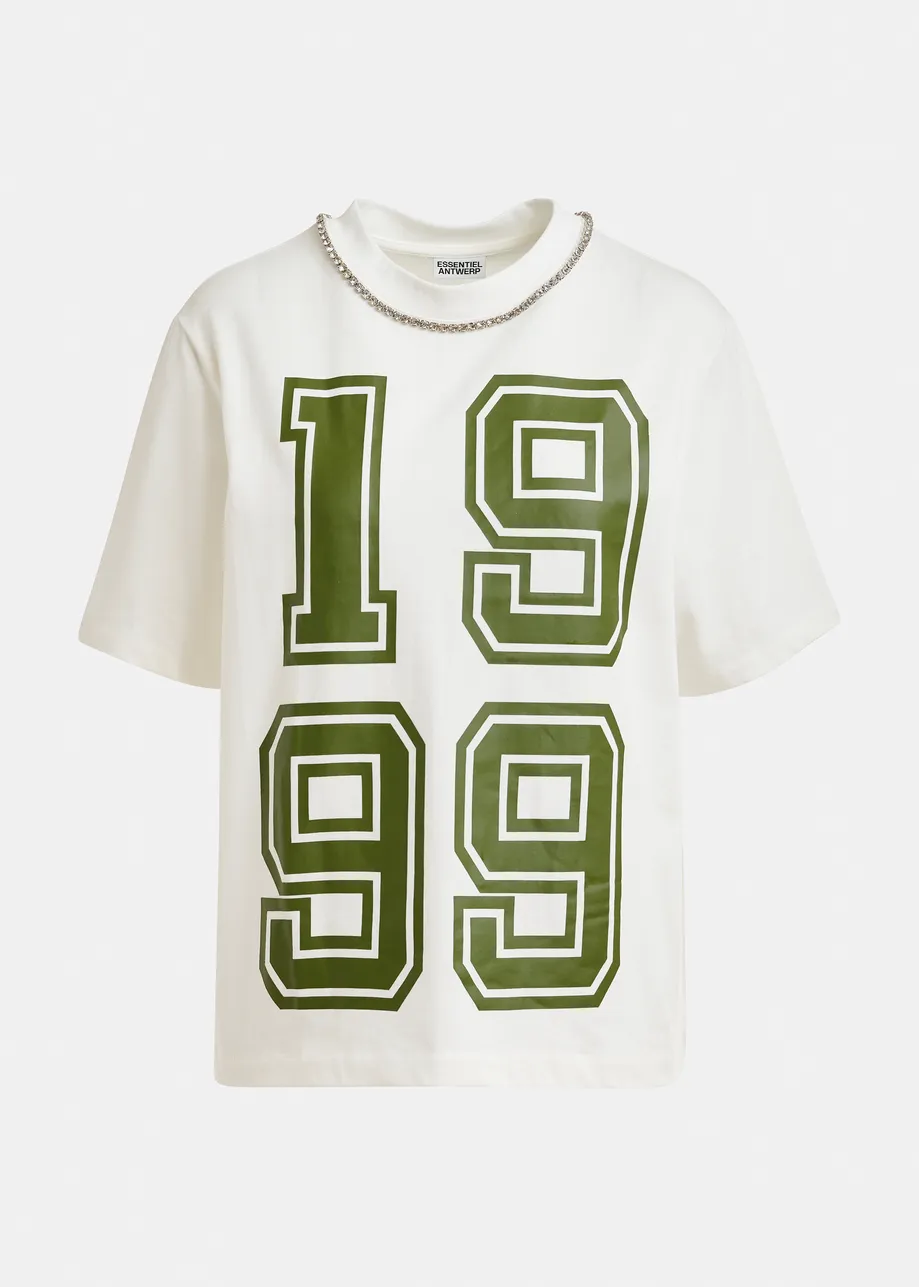 T-shirt en coton blanc cassé à imprimé numérique vert et encolure en strass