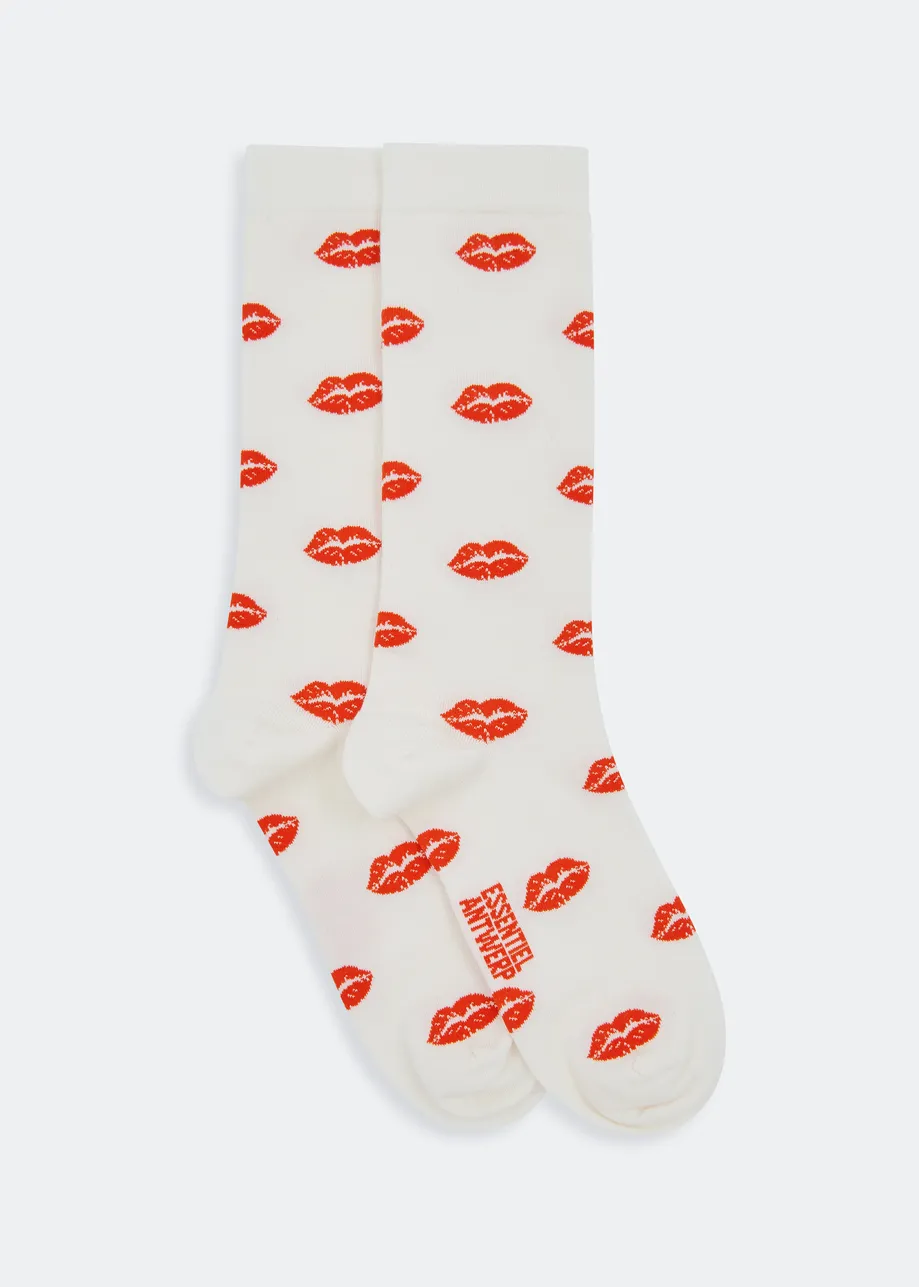 Off-white cotton-blend socks with red lip jacquard motif