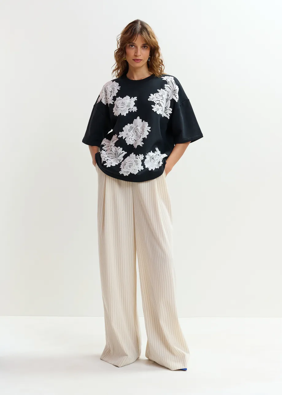Black and white floral lace-embellished sweatshirt