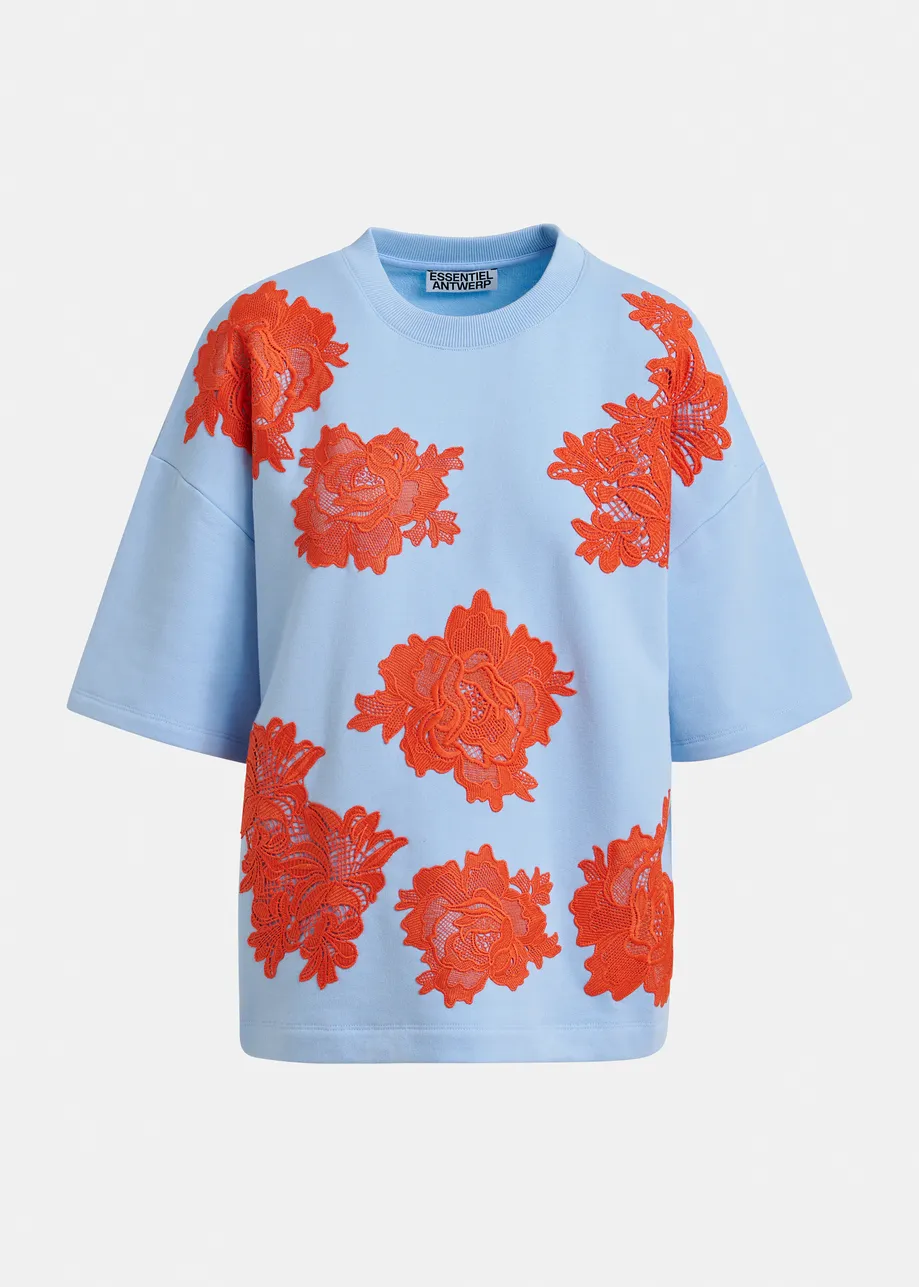 Light blue and orange floral lace-embellished sweatshirt