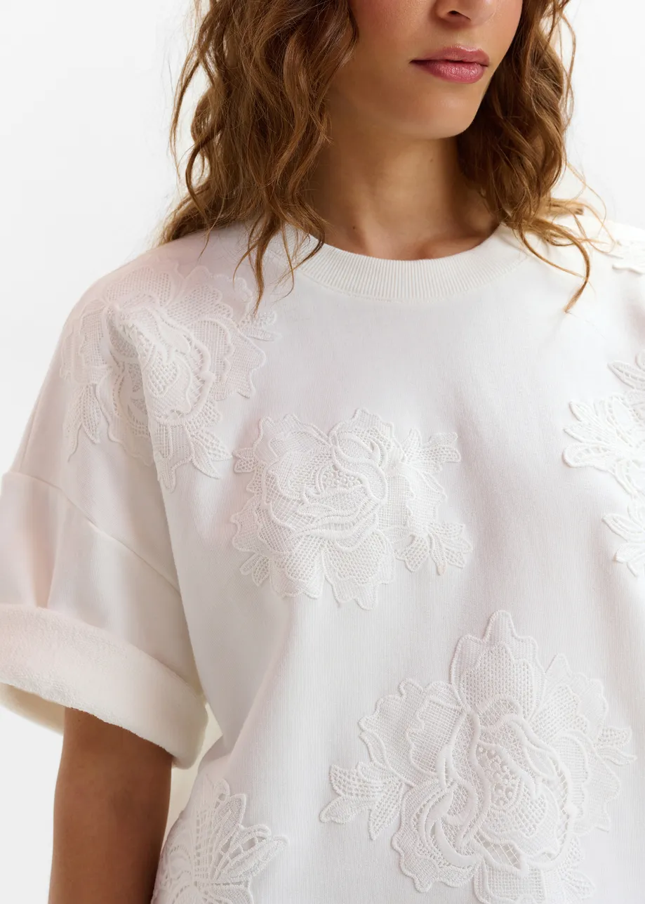Sudadera floral con encaje, blanco roto