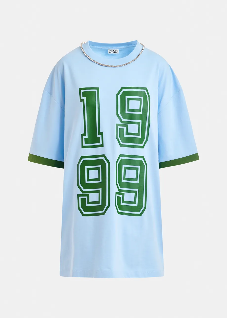 Blue oversized cotton T-shirt with rhinestone embellished neckline and green numeric print