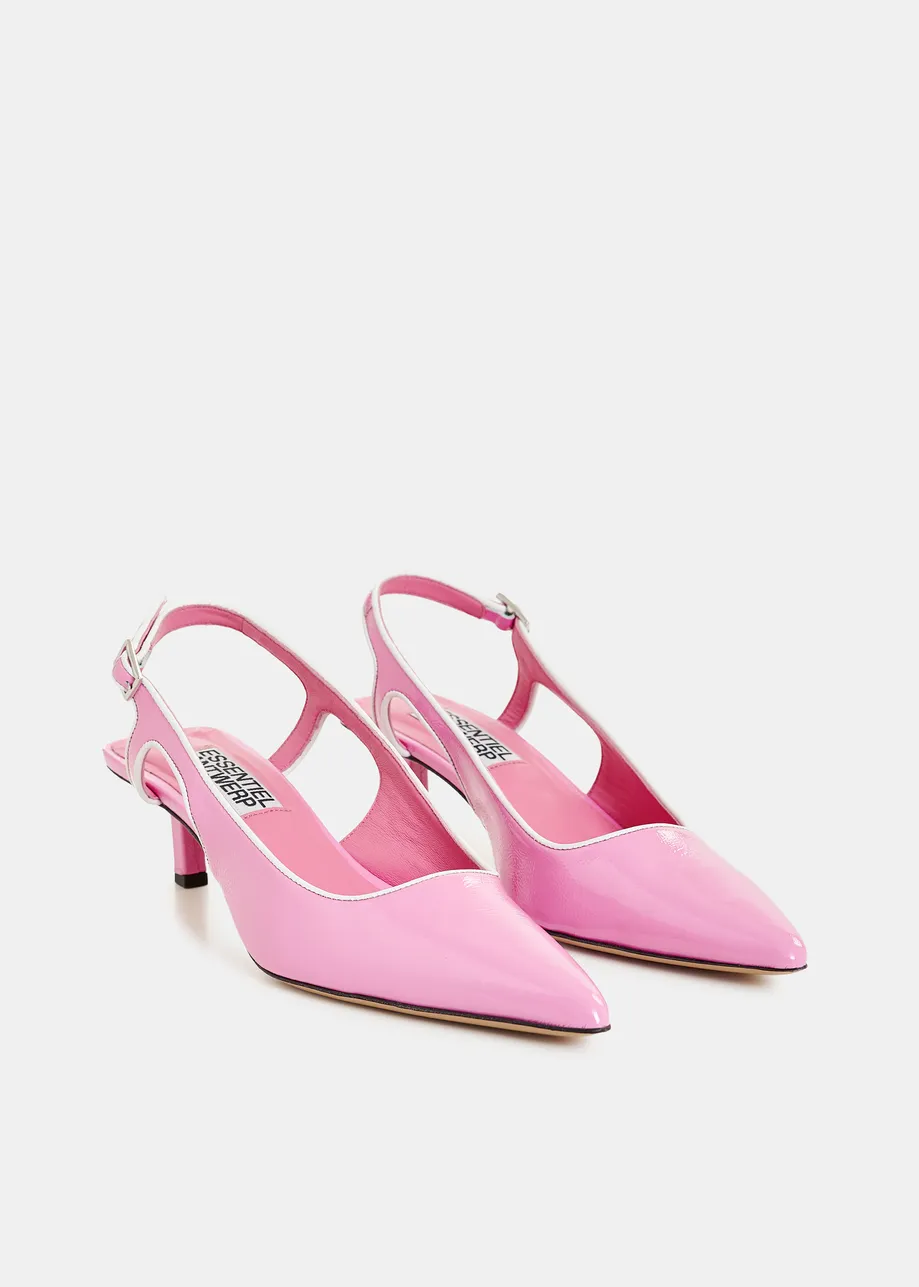 Roze leren slingback pumps met contrastkleur opzij