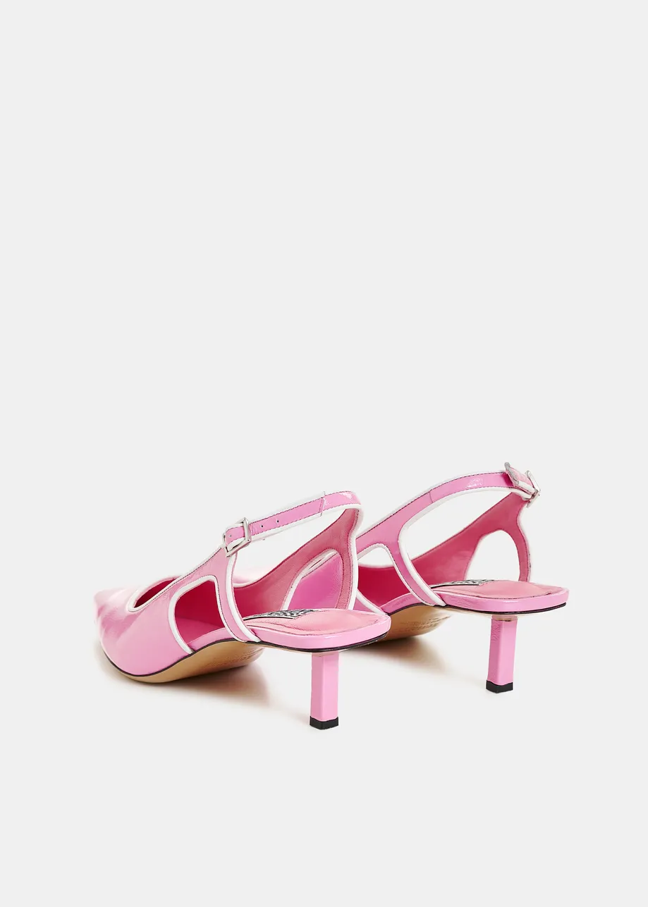 Roze leren slingback pumps met contrastkleur opzij