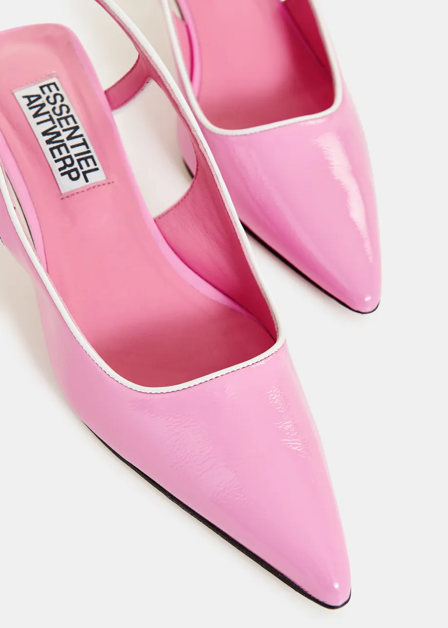 Roze leren slingback pumps met contrastkleur opzij