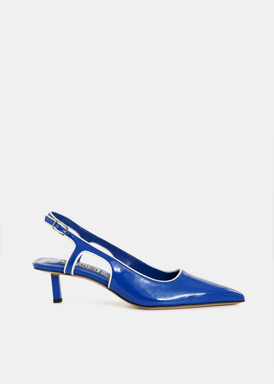 Blauwe leren slingback pumps met contrastkleur opzij