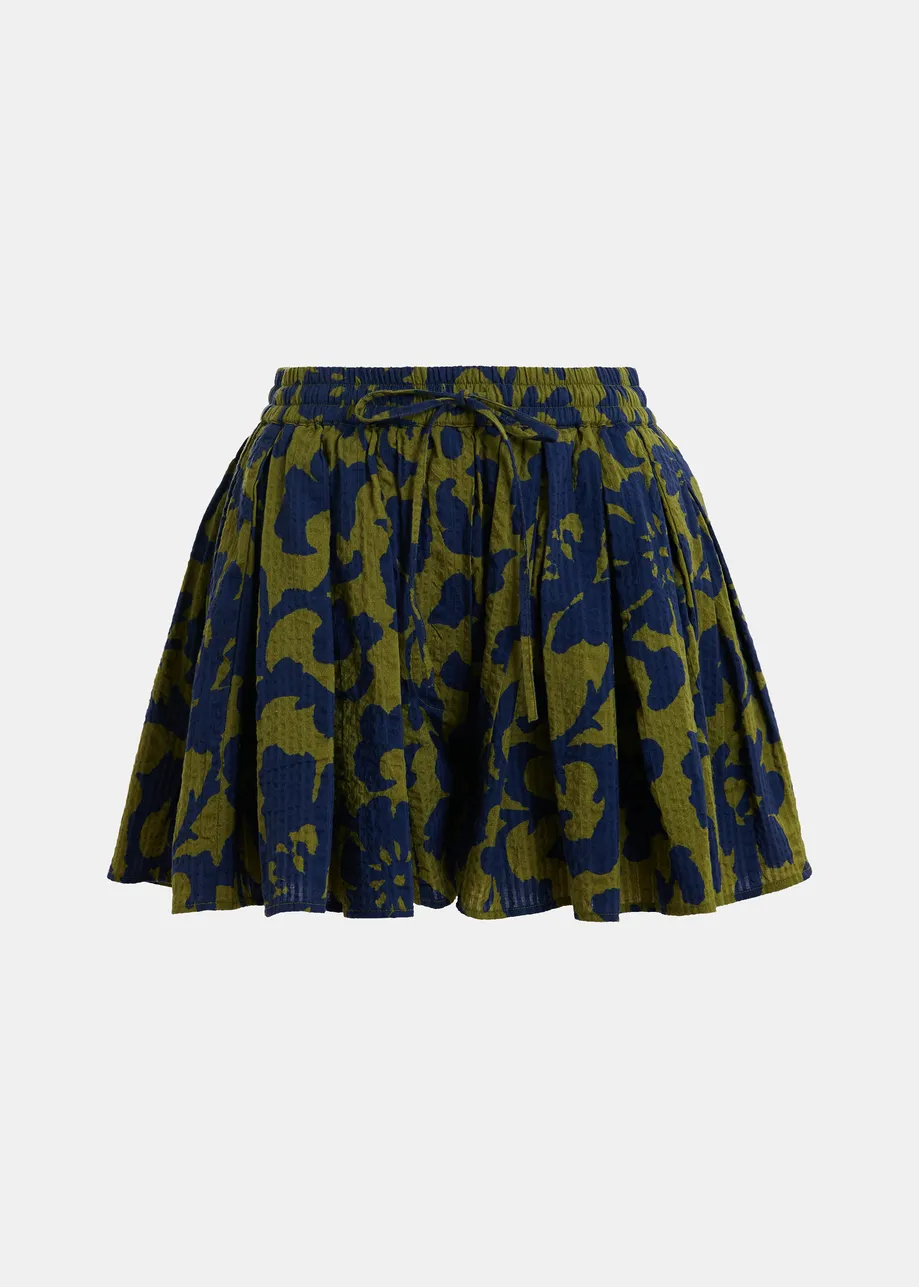 Green and dark blue floral print cotton shorts