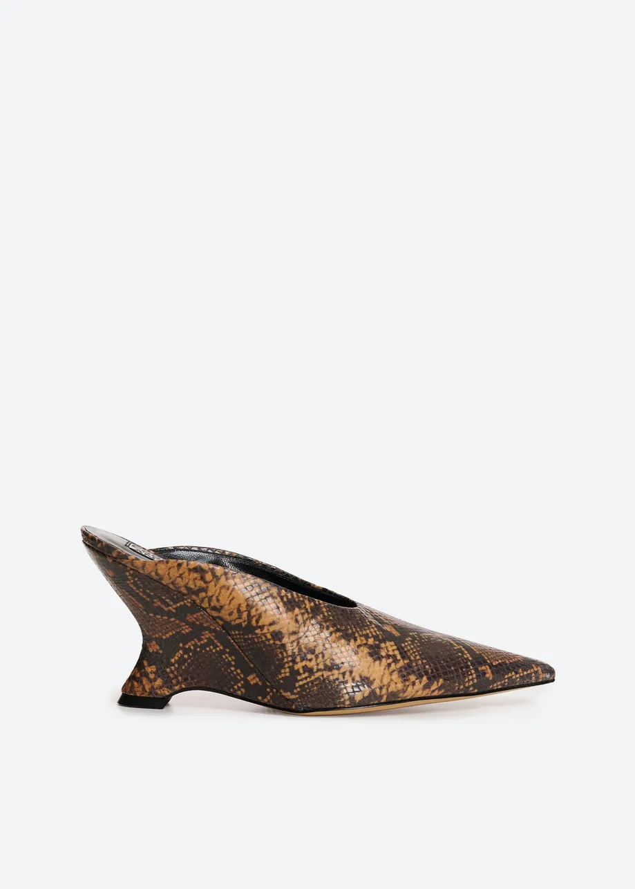  Dark and light brown snake-print leather slingback mules
