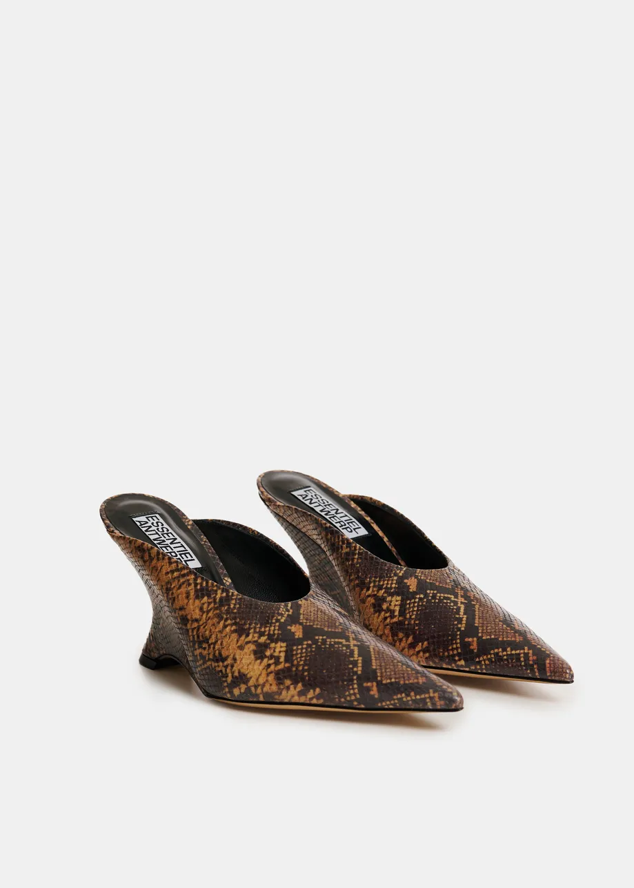  Dark and light brown snake-print leather slingback mules