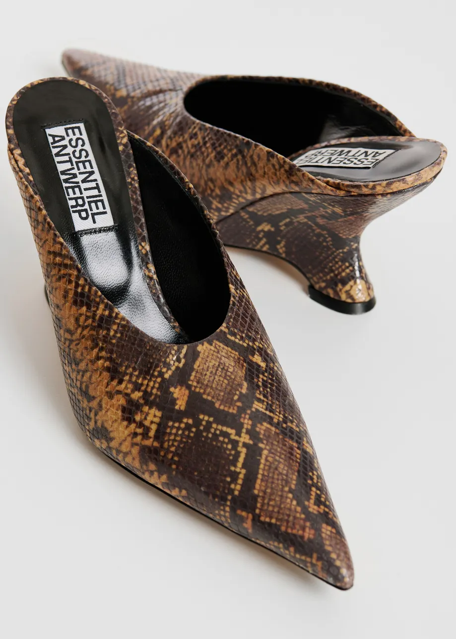  Dark and light brown snake-print leather slingback mules