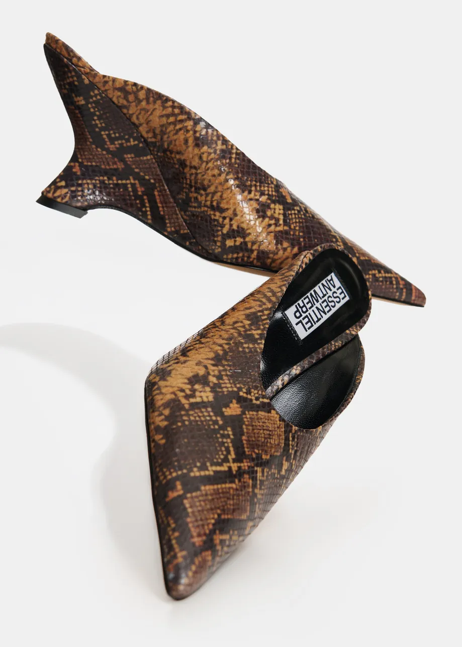  Dark and light brown snake-print leather slingback mules