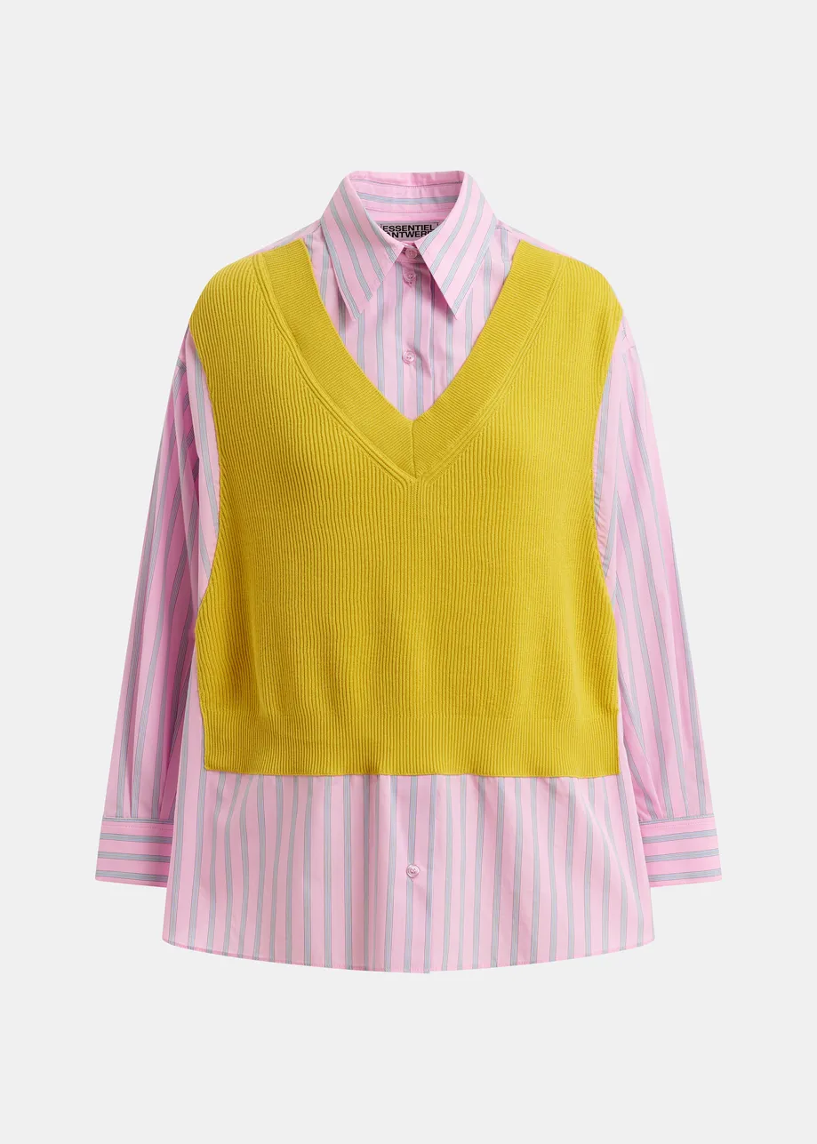 Chemise oversize à empiècements en tricot jaune, rose clair et bleu clair