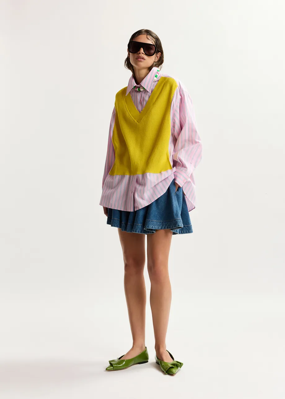 Chemise oversize à empiècements en tricot jaune, rose clair et bleu clair