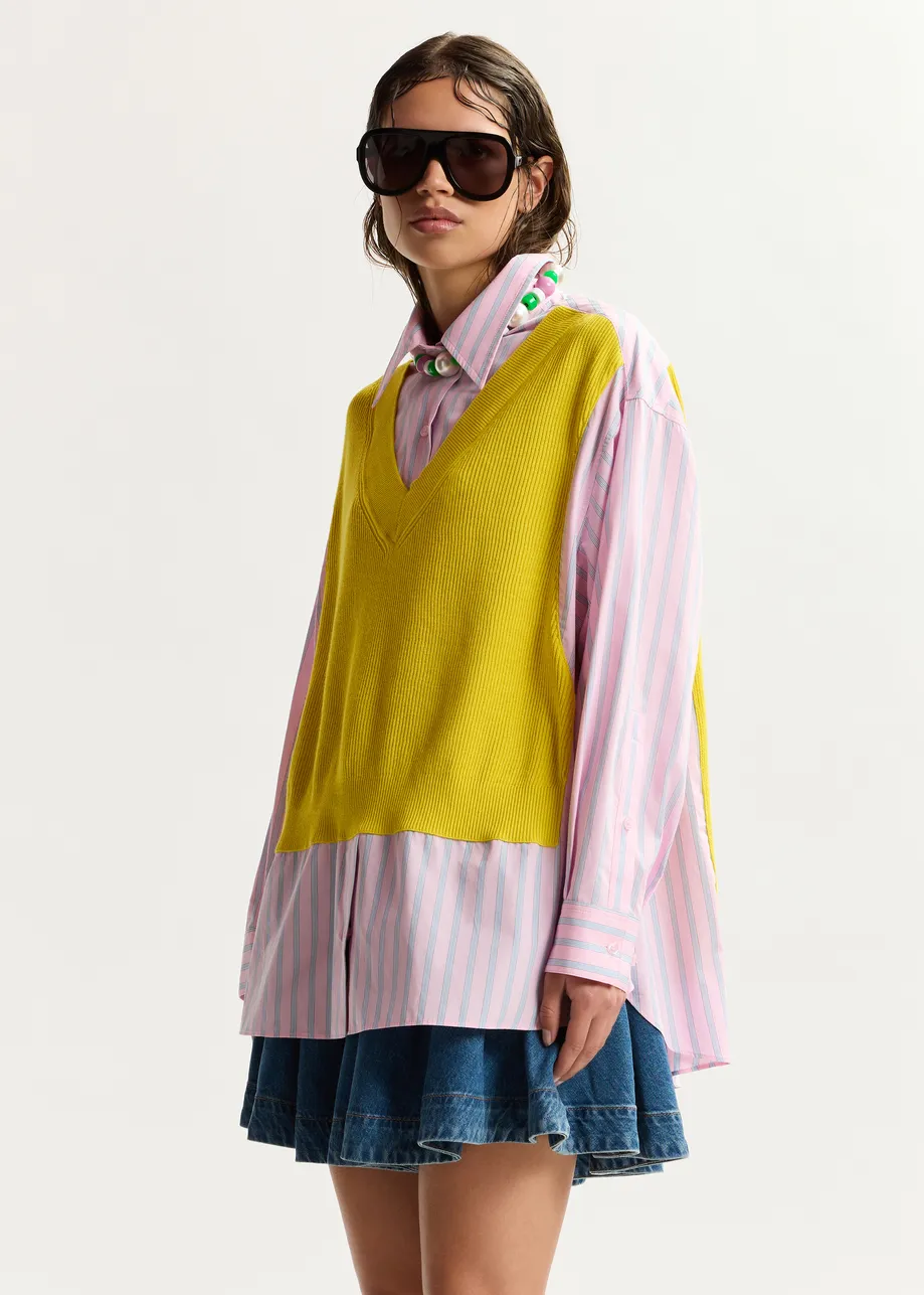 Chemise oversize à empiècements en tricot jaune, rose clair et bleu clair