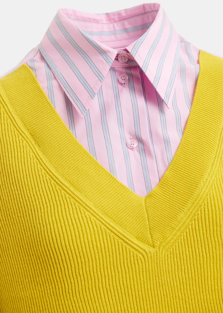 Chemise oversize à empiècements en tricot jaune, rose clair et bleu clair