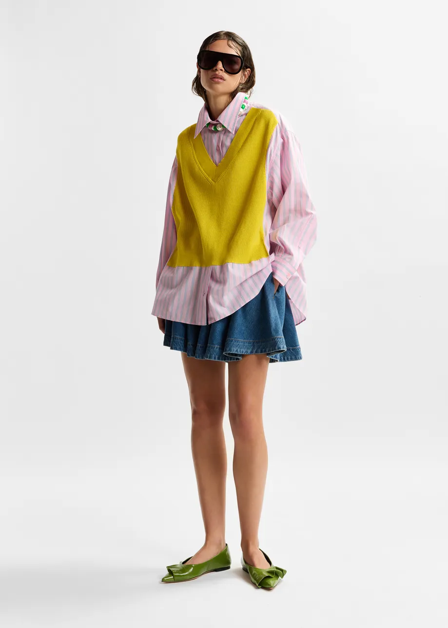 Yellow, light pink and light blue knit-panel oversized shirt