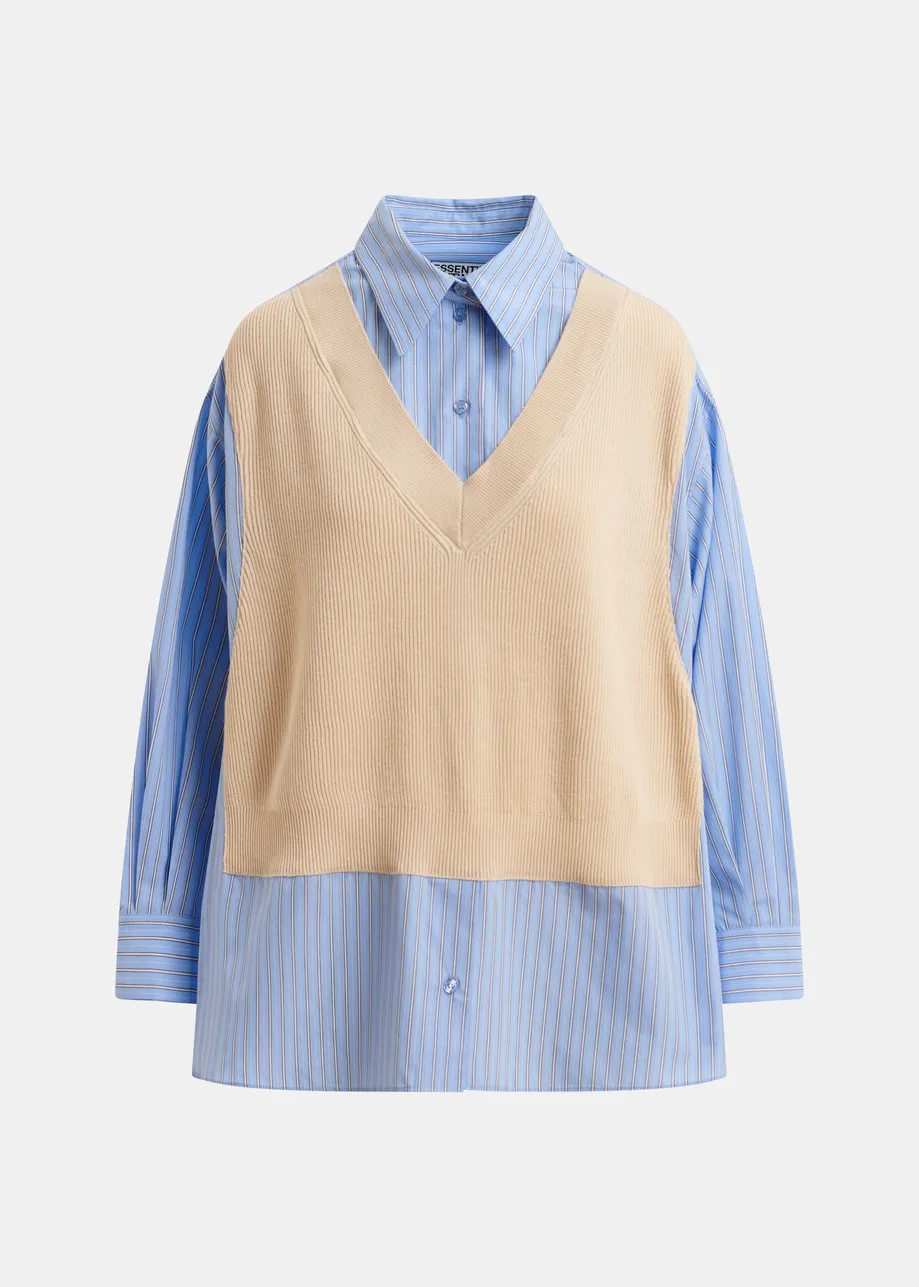 Cream, light blue and black knit-panel oversized shirt