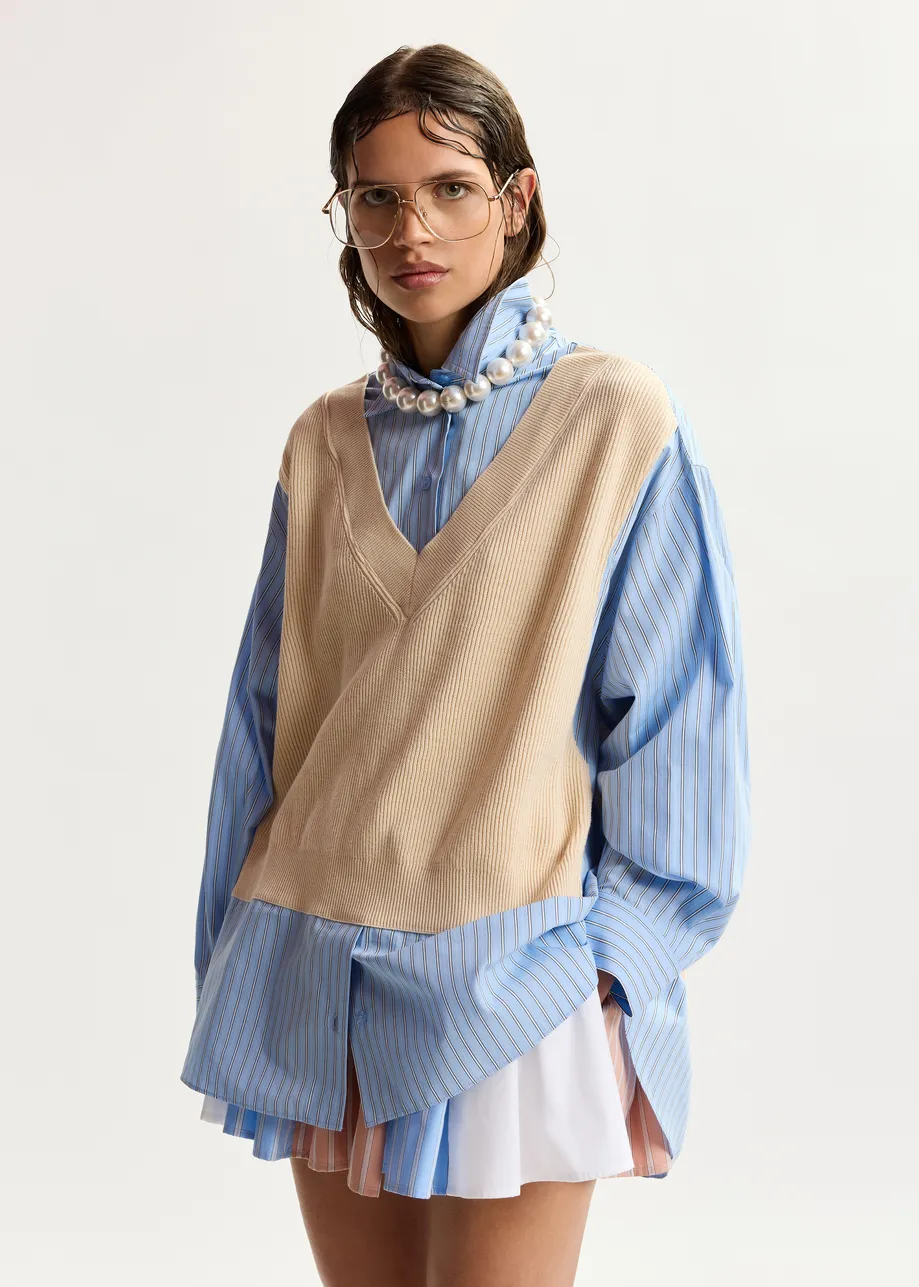 Cream, light blue and black knit-panel oversized shirt