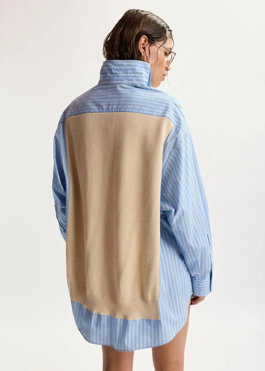 Cream, light blue and black knit-panel oversized shirt