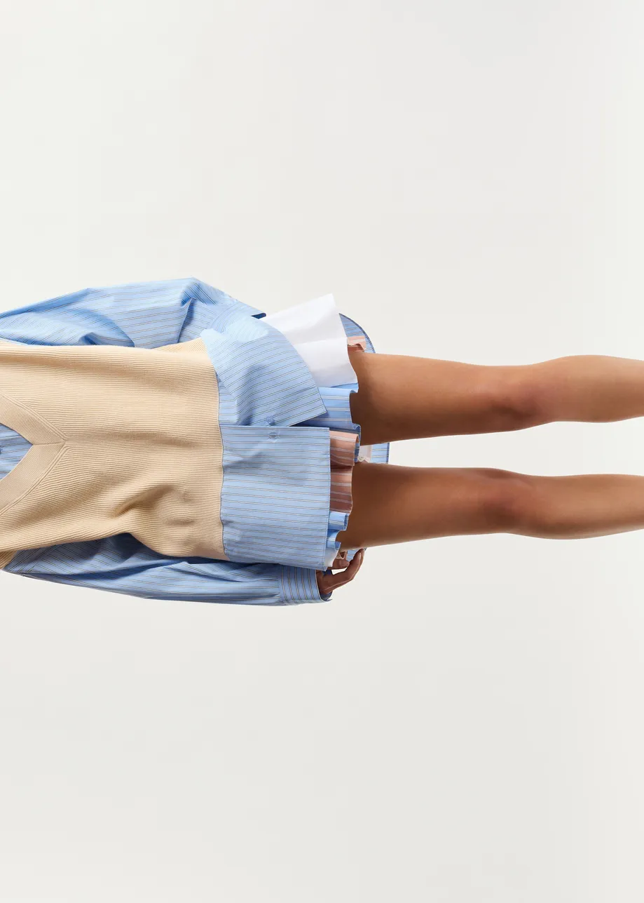 Cream, light blue and black knit-panel oversized shirt