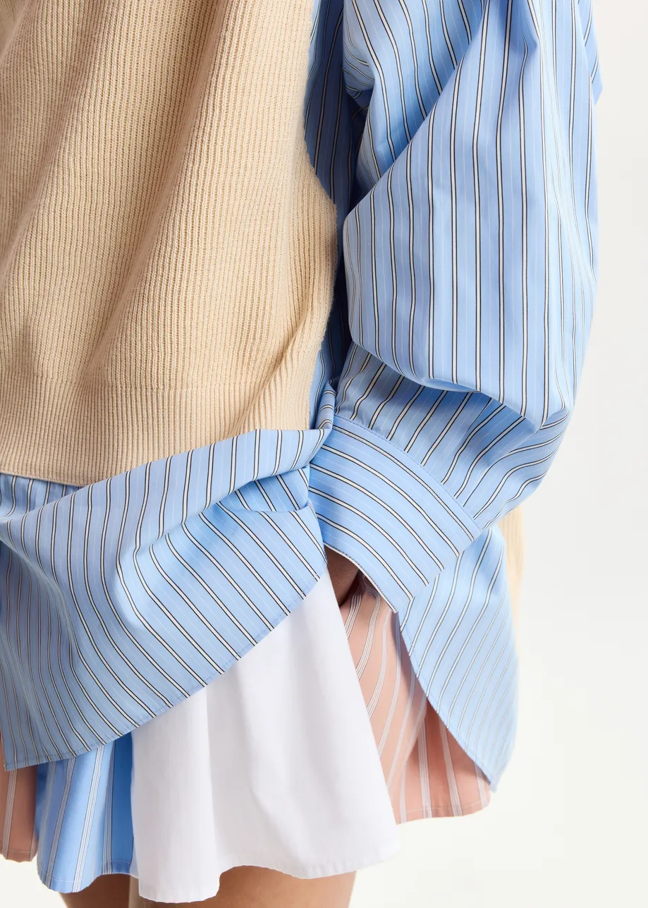 Cream, light blue and black knit-panel oversized shirt