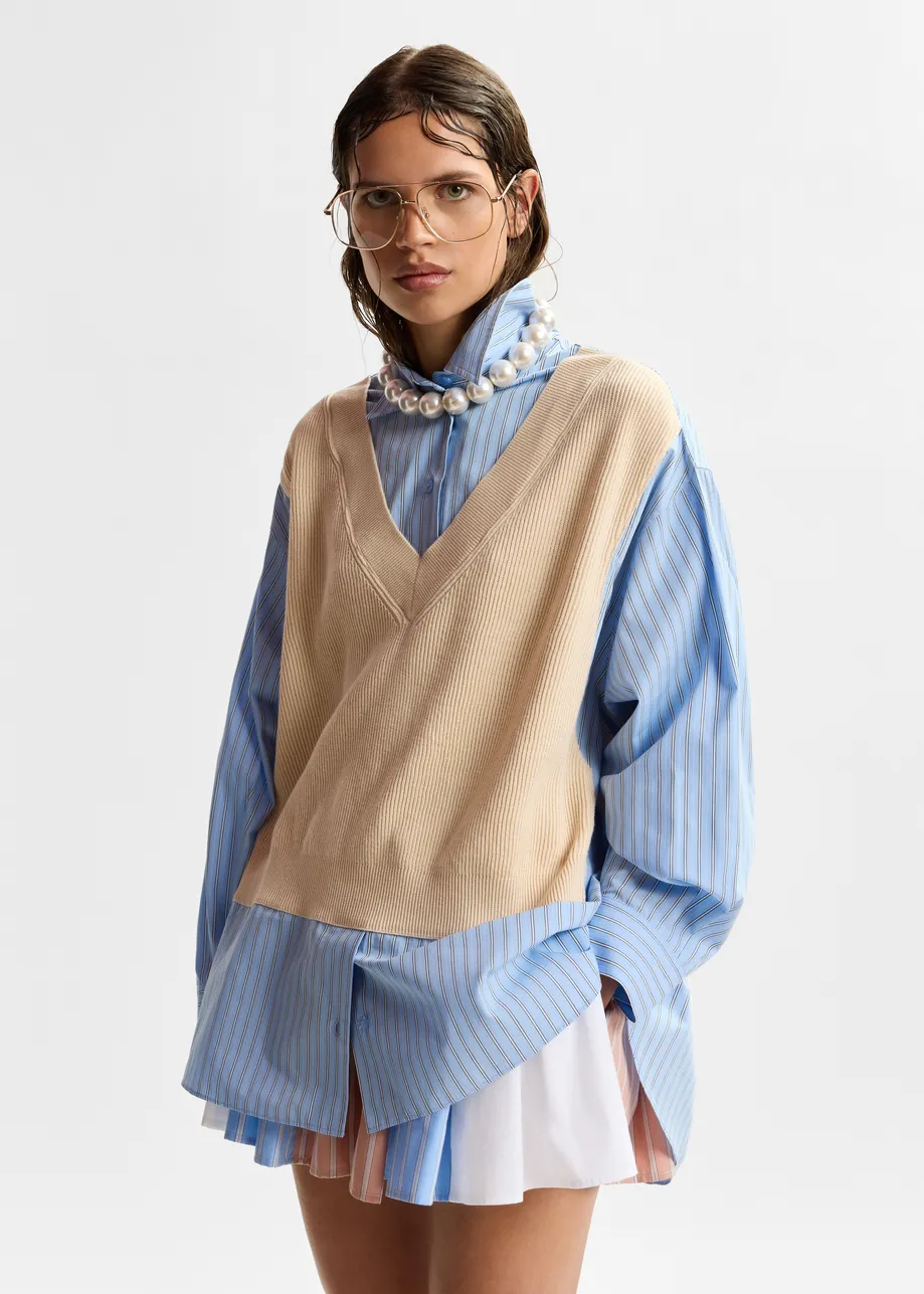 Cream, light blue and black knit-panel oversized shirt