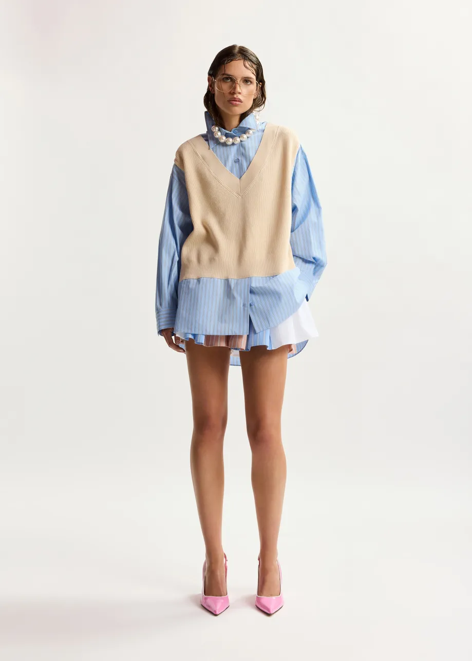Cream, light blue and black knit-panel oversized shirt