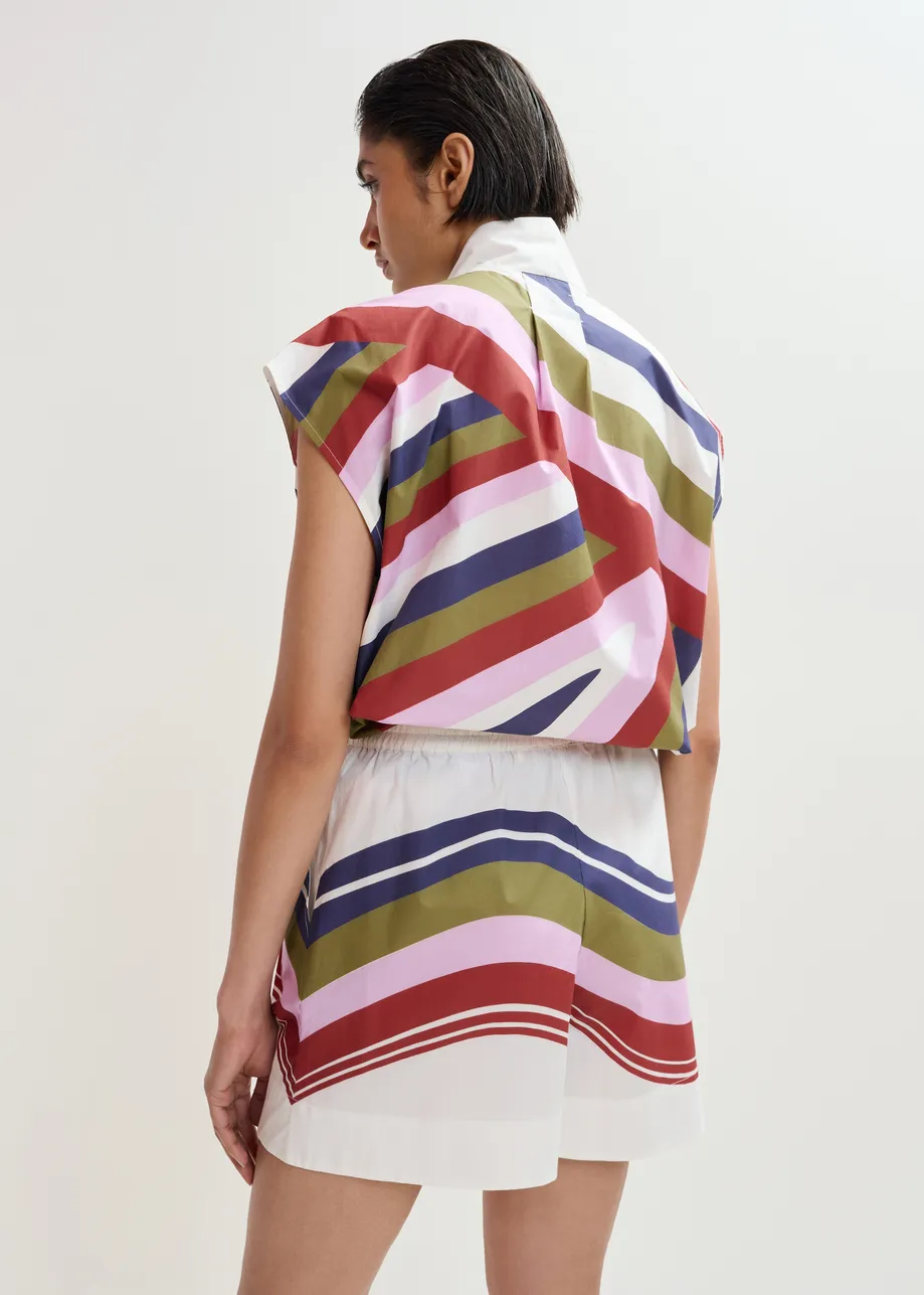 Pantaloncini in cotone bianco ottico e multicolor in stampa a righe piazzata