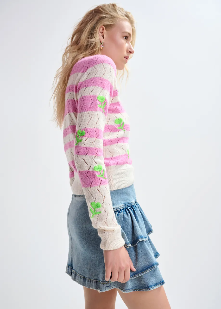 Light pink and pink striped intarsia-knitted sweater with green flower embroidery