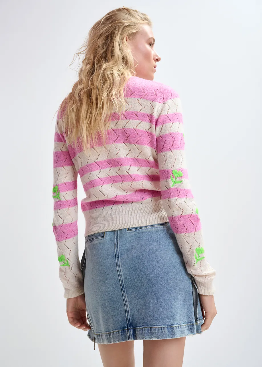 Light pink and pink striped intarsia-knitted sweater with green flower embroidery