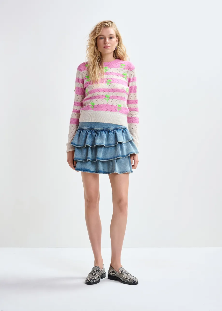 Light pink and pink striped intarsia-knitted sweater with green flower embroidery
