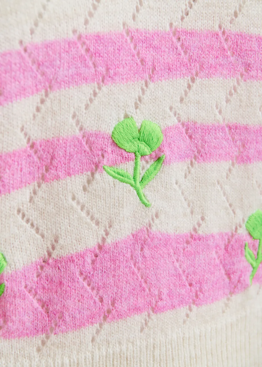Light pink and pink striped intarsia-knitted sweater with green flower embroidery