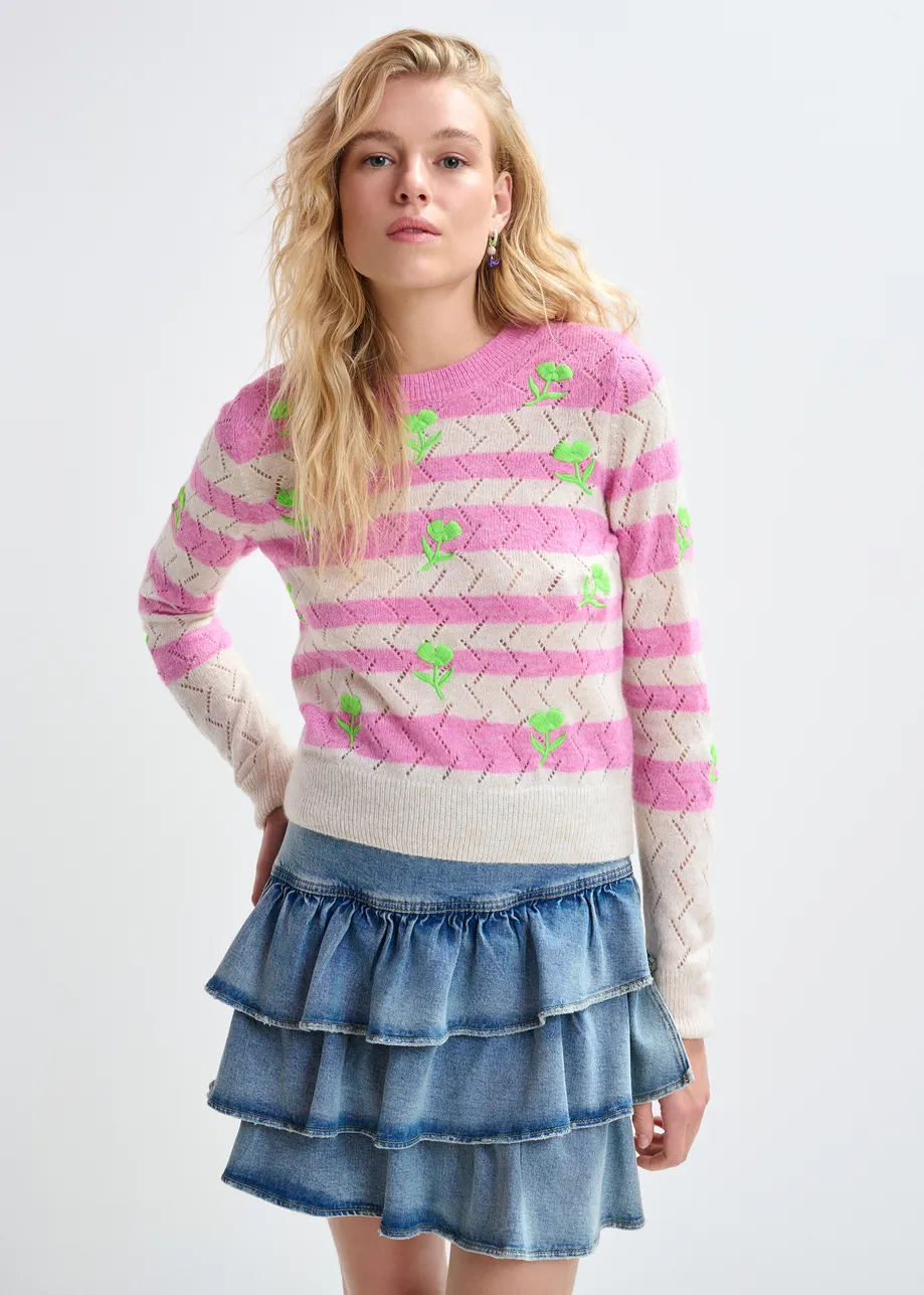 Light pink and pink striped intarsia-knitted sweater with green flower embroidery