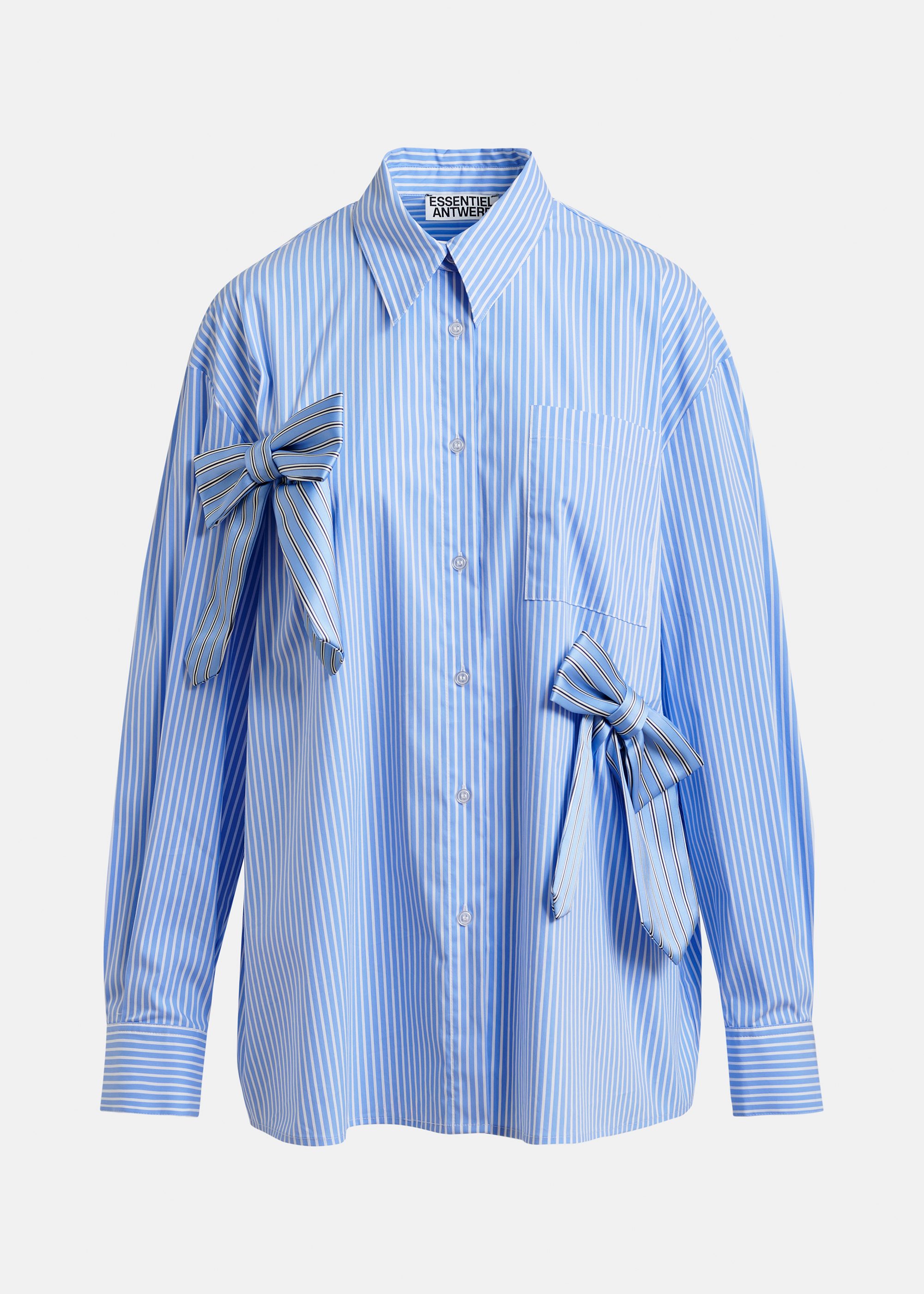 Blue, white and black striped oversized cotton shirt with tie bows | Essentiel Antwerp United States Blue, white and black striped oversized cotton shirt with tie bows | Essentiel Antwerp United States