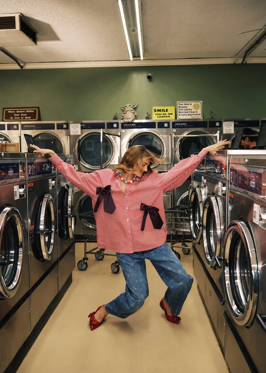 Red, white and navy striped oversized cotton shirt with tie bows