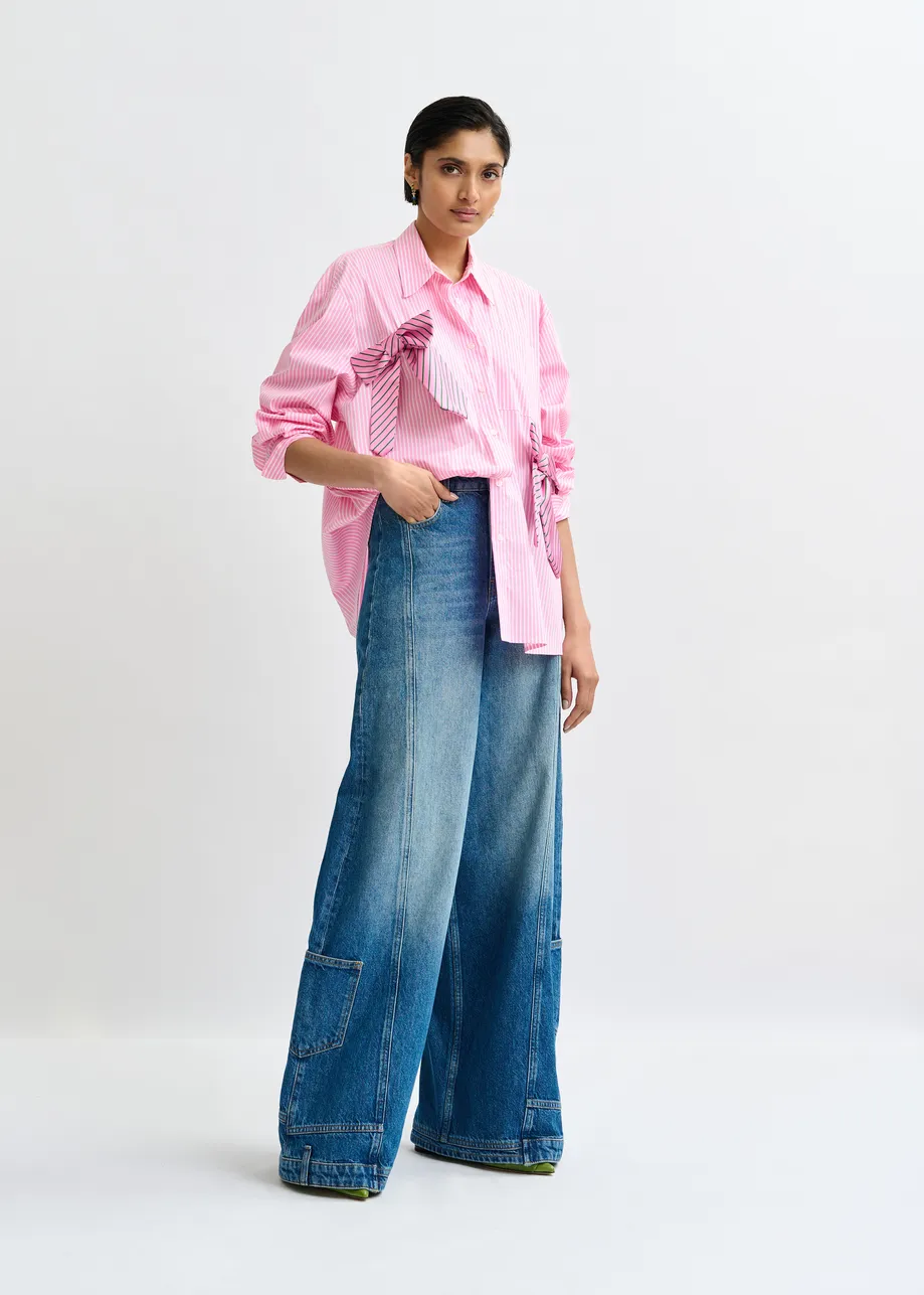 Roze, wit en groen gestreept overhemd met strikken