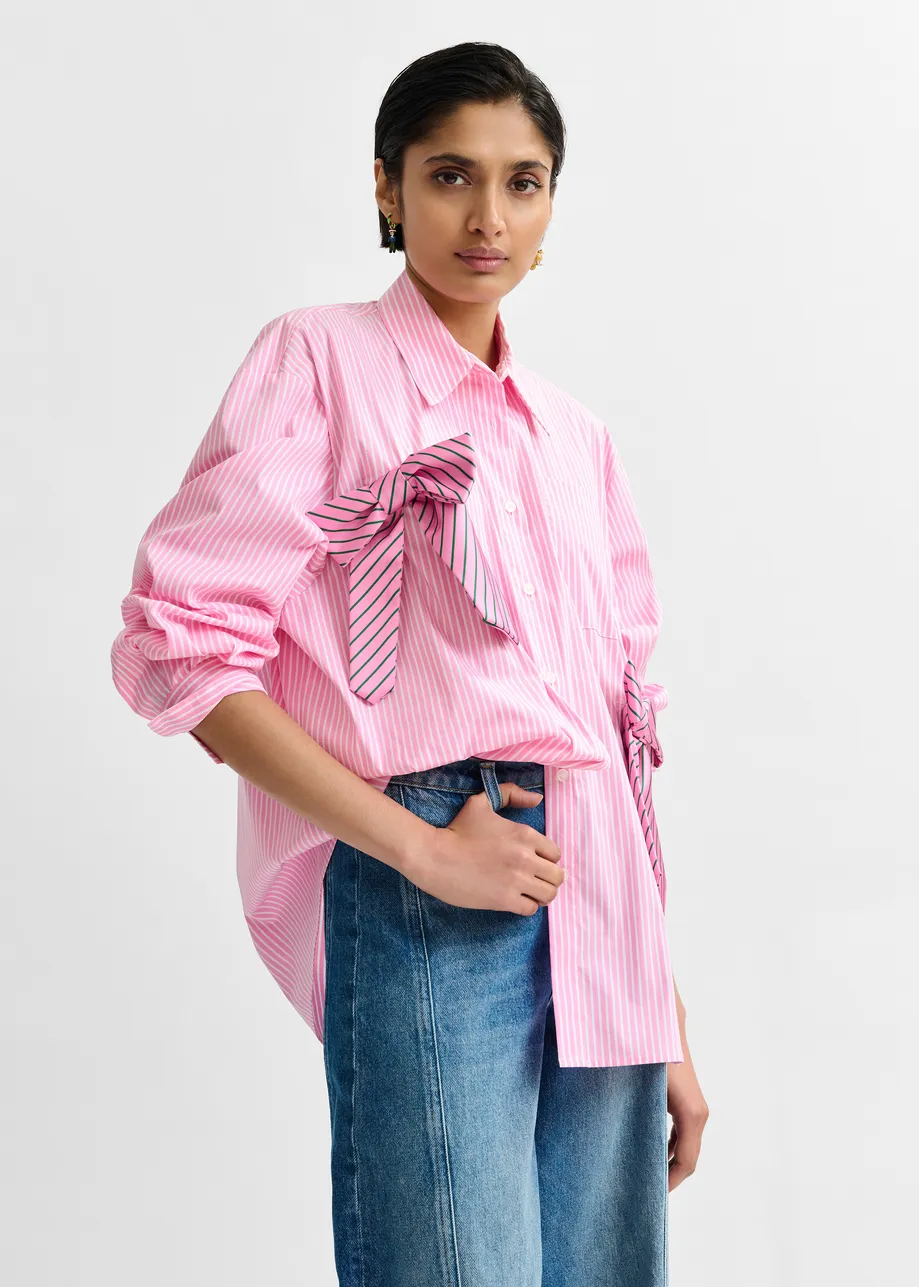 Pink, white and green striped oversized cotton shirt with tie bows